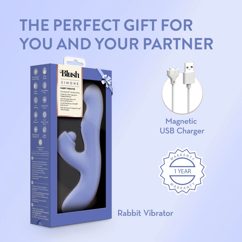 Blush Collection | Simone 8.5 Inch Clitoral G-Spot Dual Stimulation Silicone Rabbit Vibrator With Auto Warming - In Blue