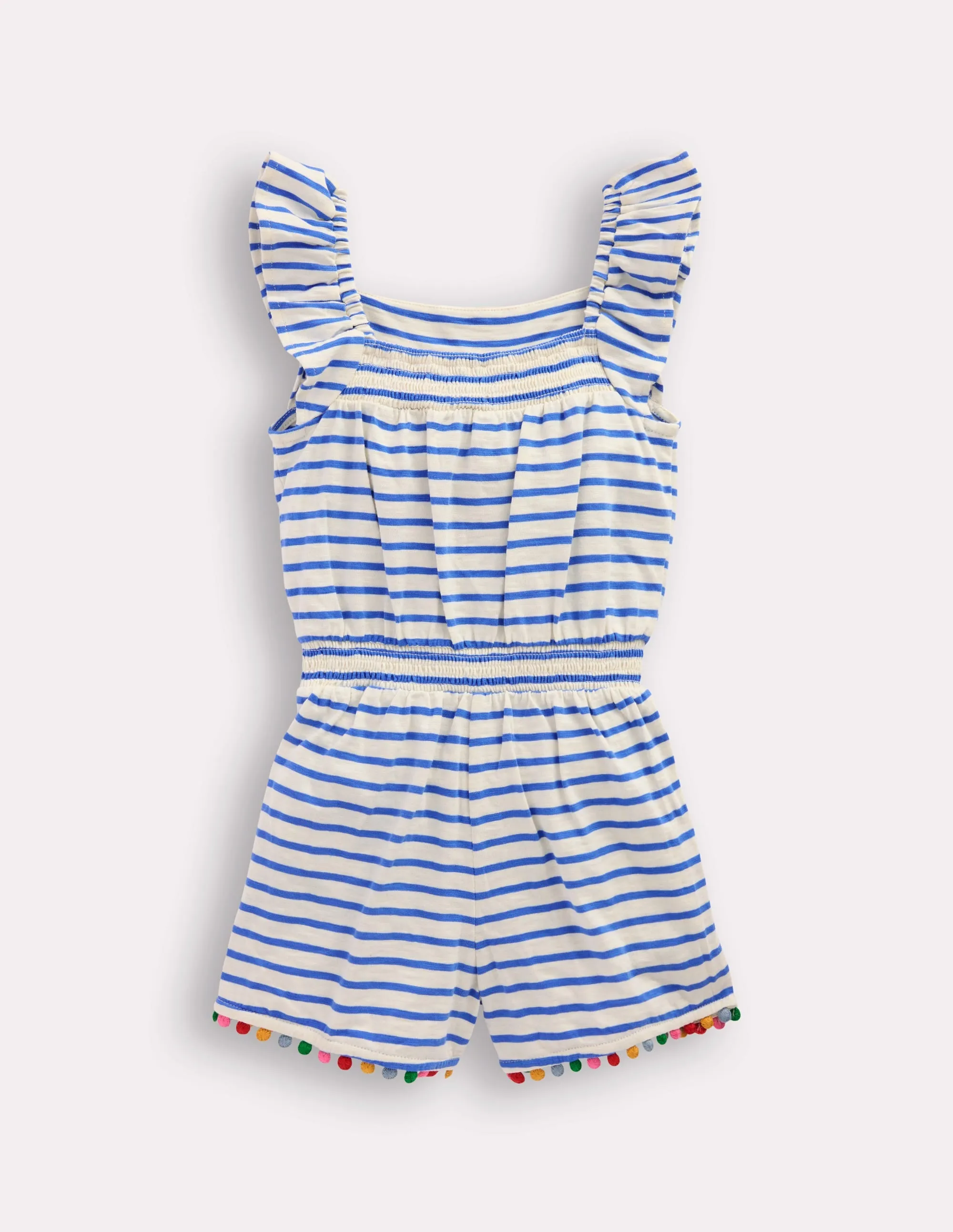 Ciara Pom Trim Jersey Playsuit-Ivory/ Azure Blue Stripe