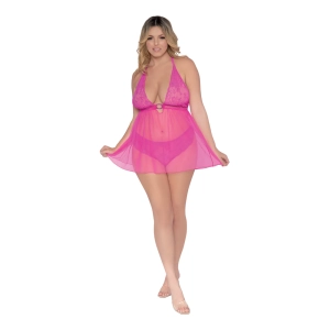 Dreamgirl Lingerie Scalloped Stretch Lace & Mesh Halter T-Back Babydoll Paradise Pink 12603X