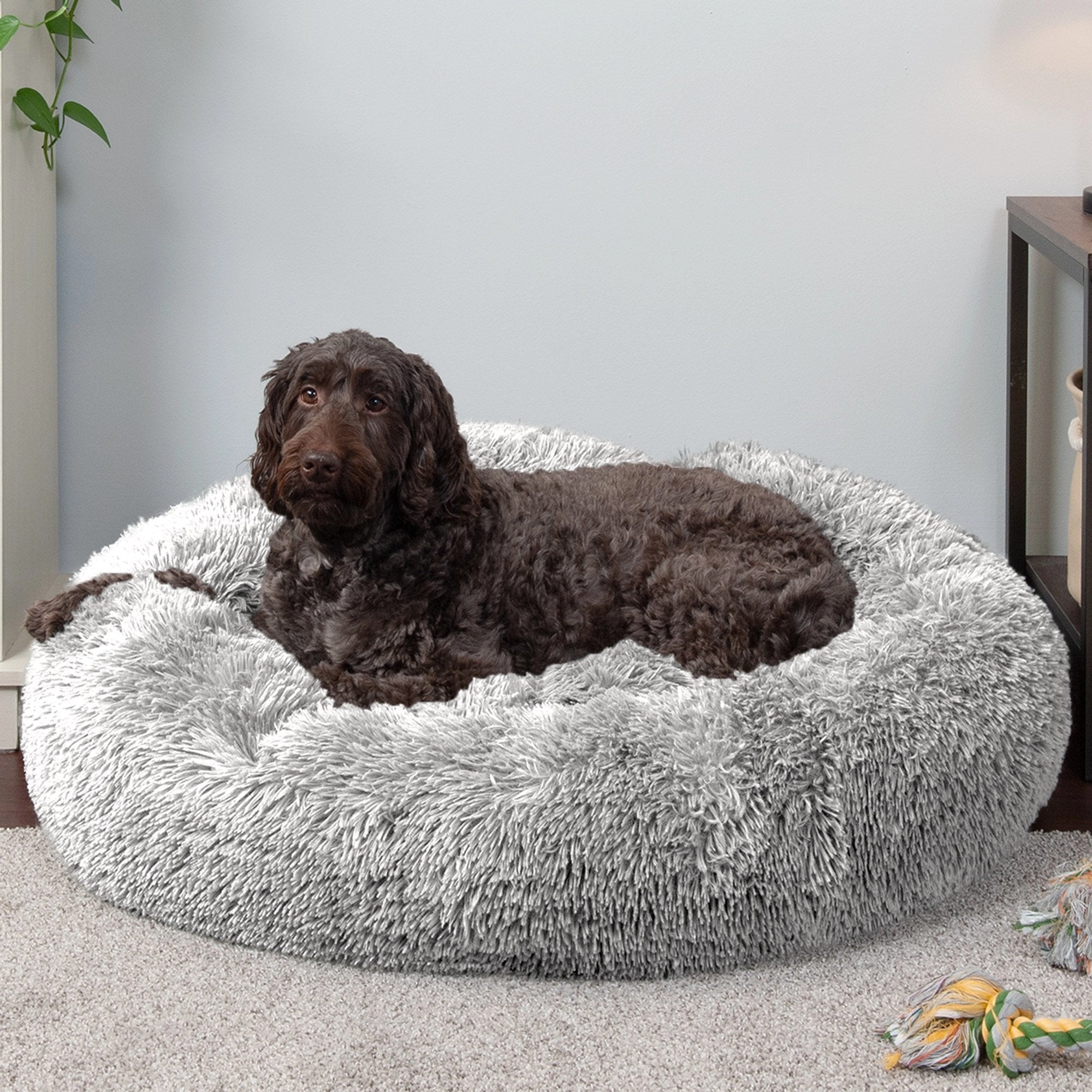 FurHaven Calming Cuddler Long Fur Donut Bed - Large 36", Mist Gray