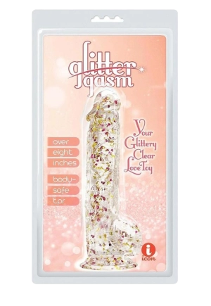 Glittergasm Realistic Clear Dildo with Balls and Suction Cup - Red/Orange/Golden Glitter