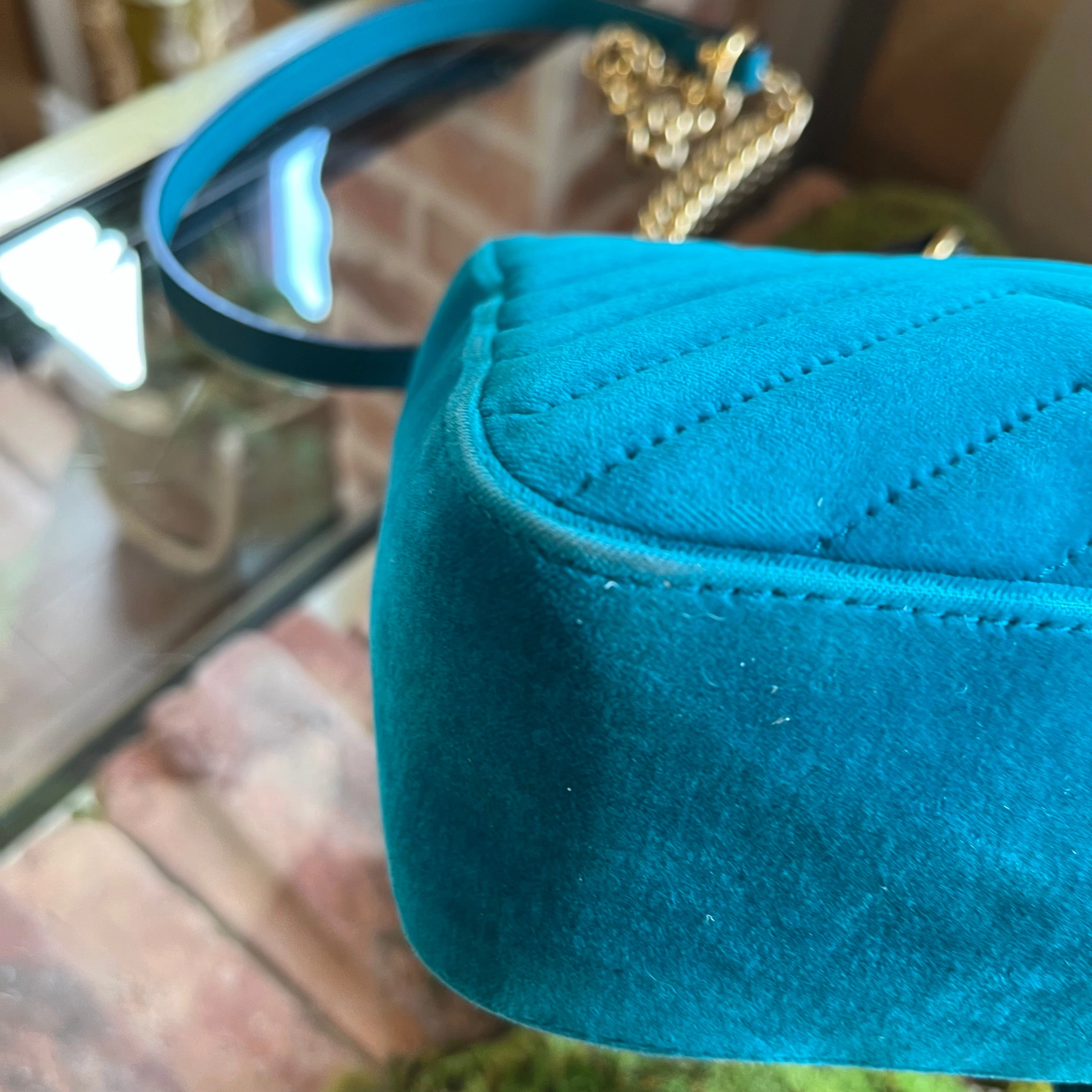 GUCCI Double G Marmont Small Teal Velvet Flap Shoulder Bag