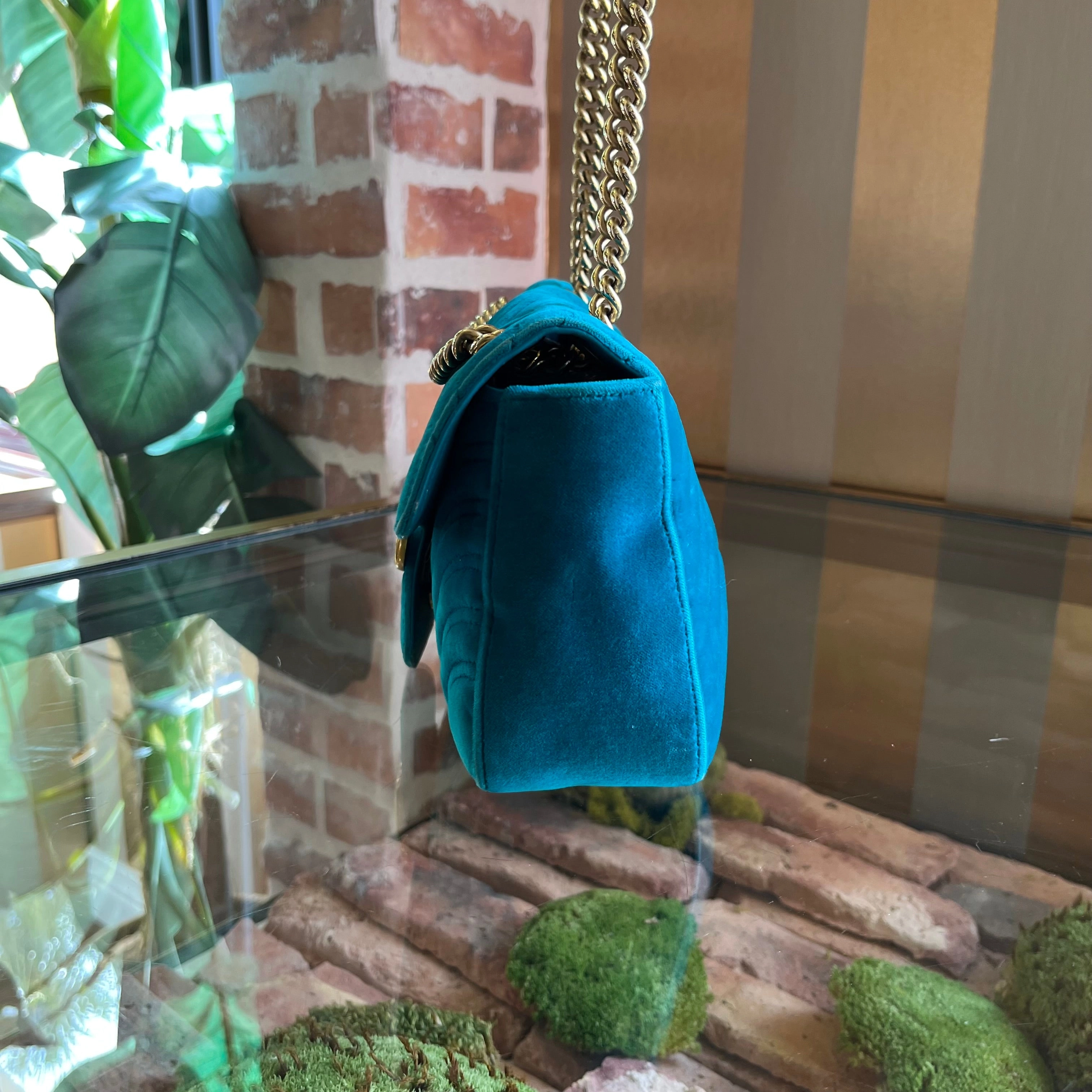 GUCCI Double G Marmont Small Teal Velvet Flap Shoulder Bag