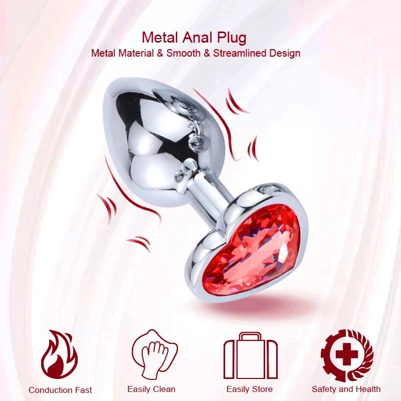 Metal Anal Plug 3 Sizes Heart Crystal Anal Plug