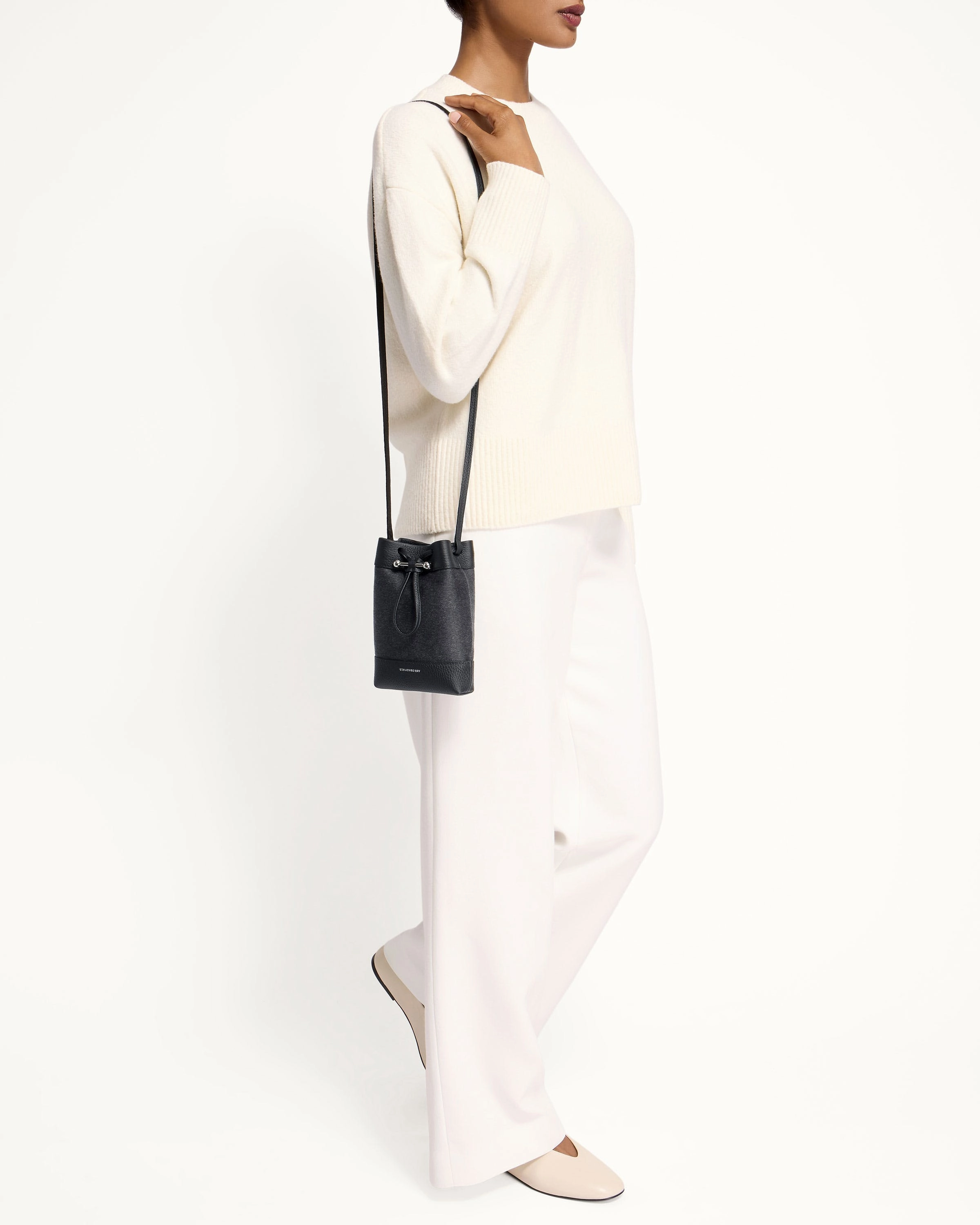 Osette Midi Pouch - Cashmere/Leather Charcoal Black with Silver Hardware