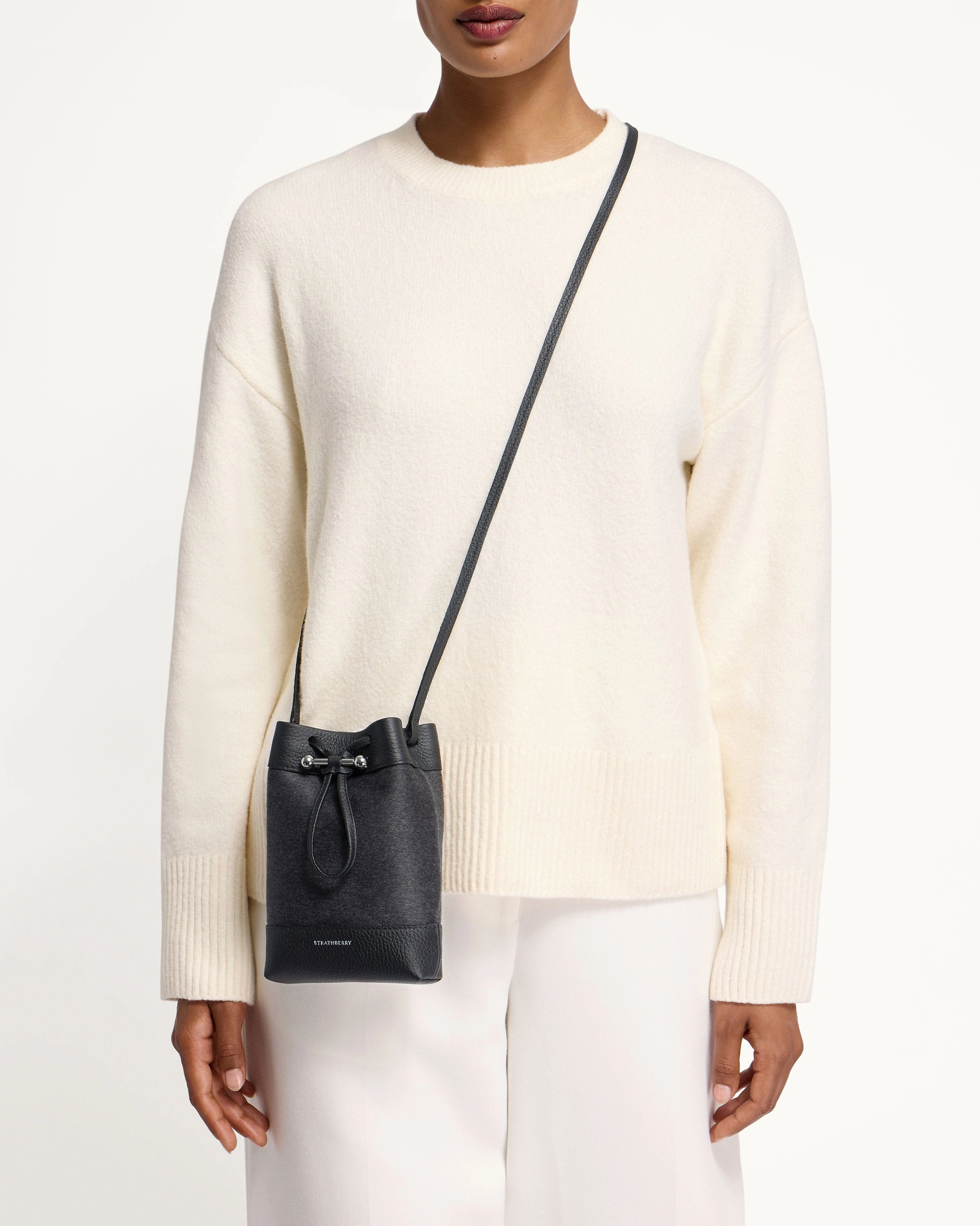 Osette Midi Pouch - Cashmere/Leather Charcoal Black with Silver Hardware