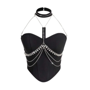 Rhinestone & Chain Detail Backless Halterneck Top (L)