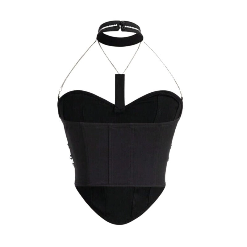 Rhinestone & Chain Detail Backless Halterneck Top (L)