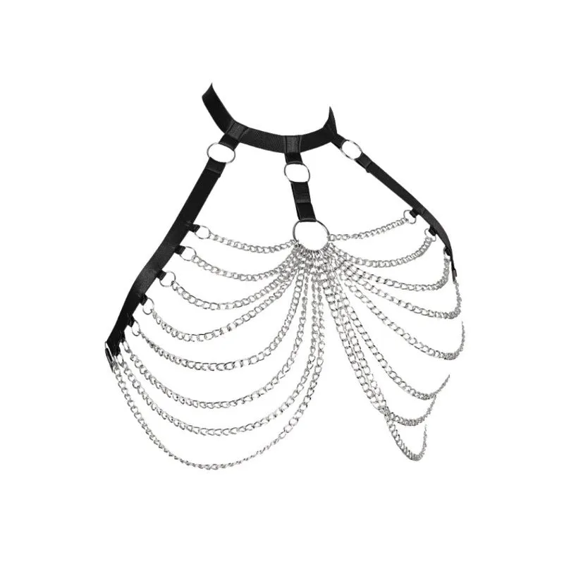 Ring Linked Silver Chain Detail Harness Bralette (Plus Size)