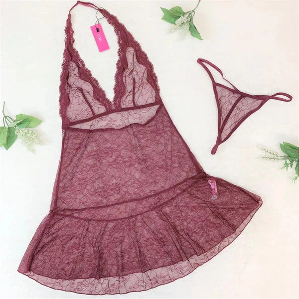 Sexy Lace Halter Chemise Lingerie Set - Red