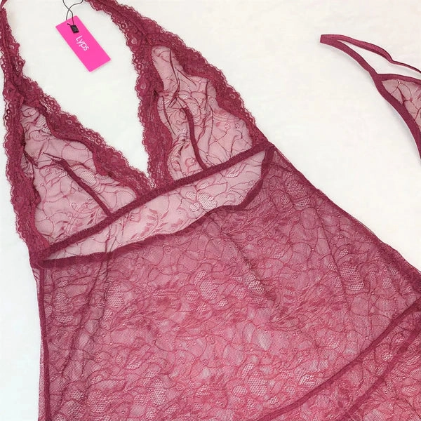 Sexy Lace Halter Chemise Lingerie Set - Red